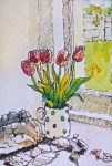Tulips in spotted jug.