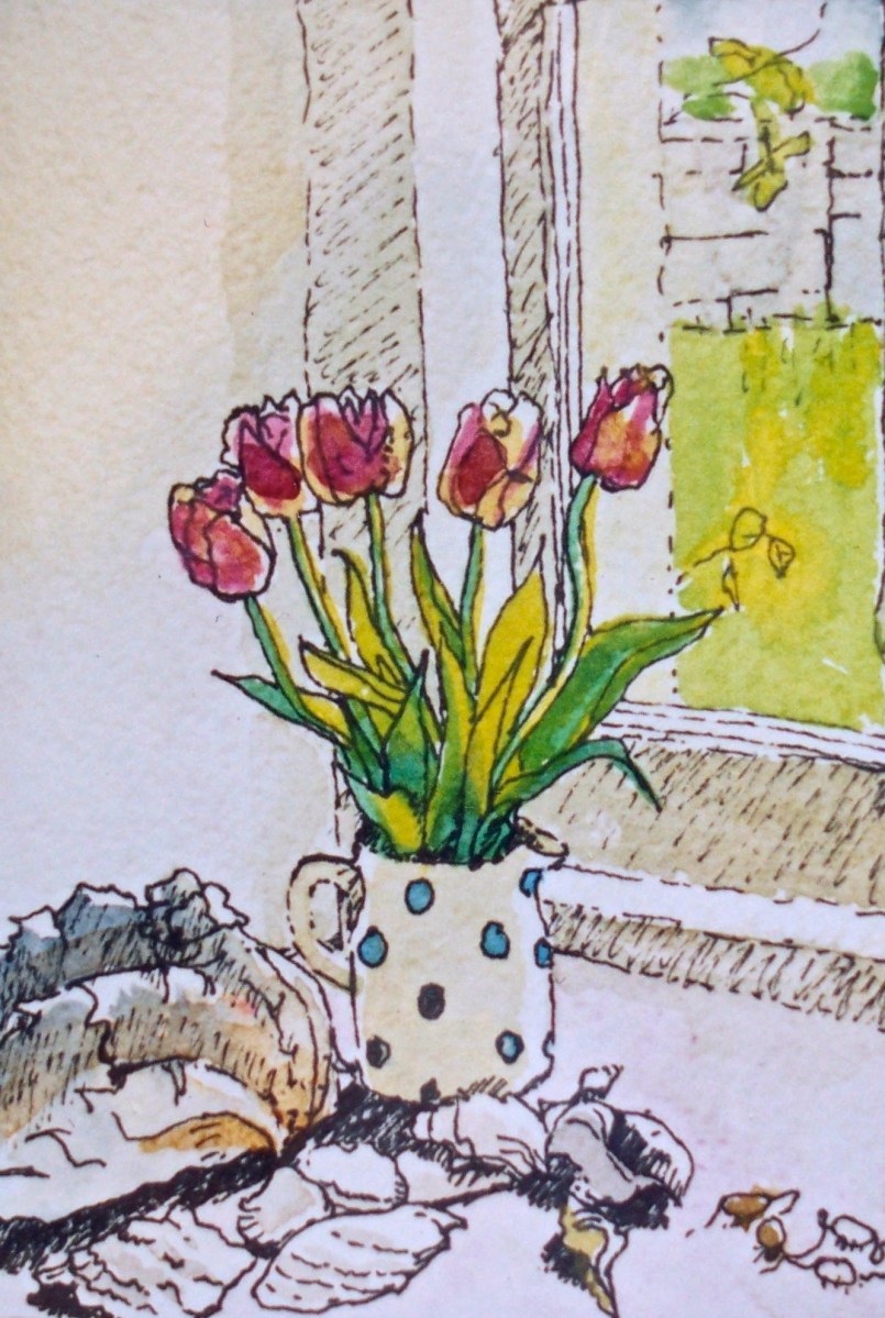 Tulips in spotted jug.