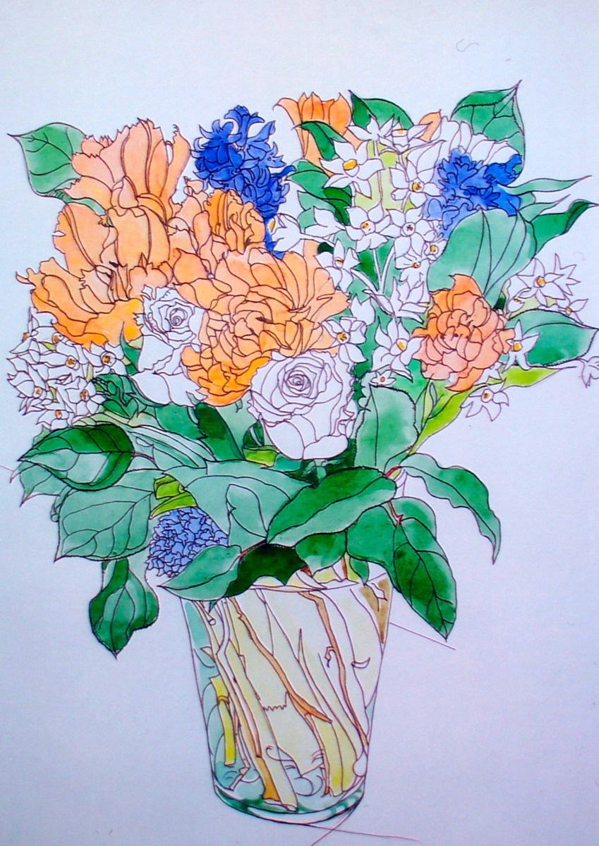 Watercolour-flowers in glass vase.